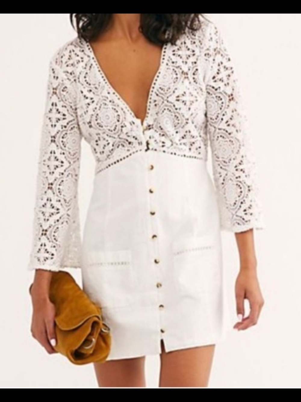 Free People Women’s Shrimpton White Crochet Mini Dress Tie Back Pockets L